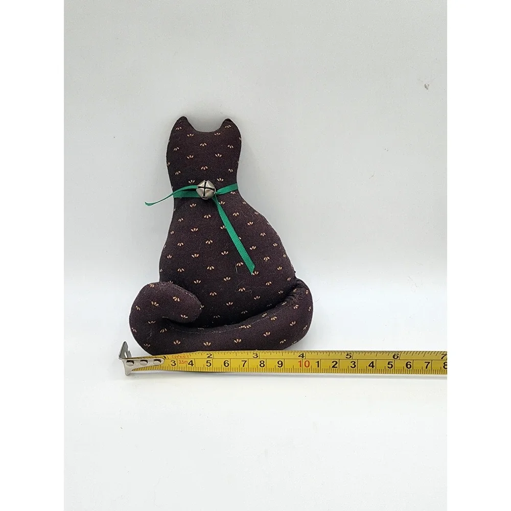 Vintage Handmade Fabric Cat Plush Black Gold‎ Floral Print Green Ribbon Bell 7in